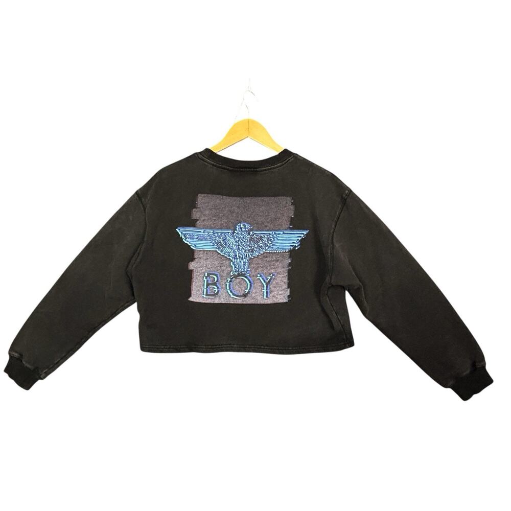 BOY London Crop Sweatshirt M Black Eagle Logo Graphic Long Sleeve Cotton